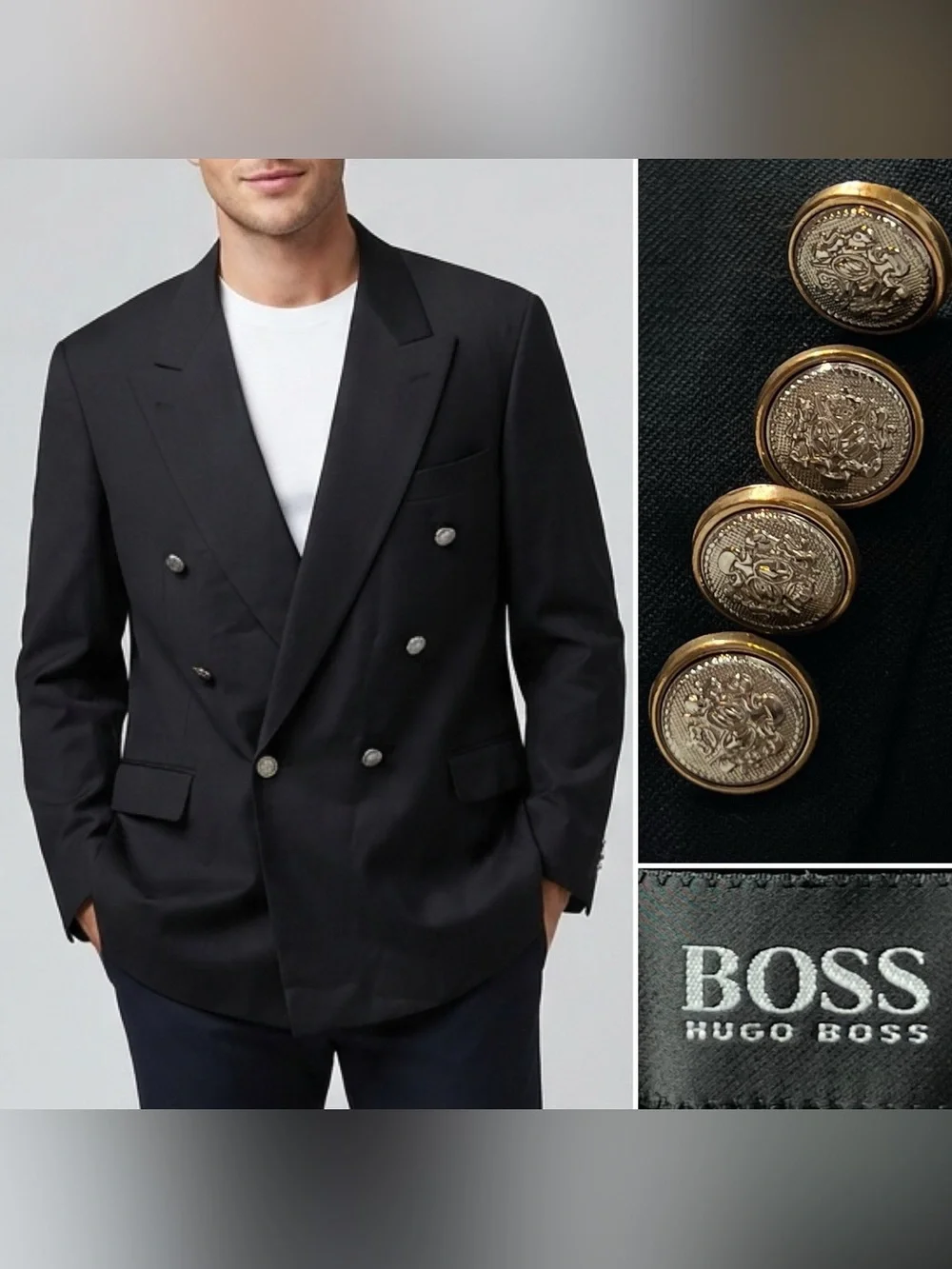 HUGO BOSS Vintage Men's 46 R Black Double Breasted Silver Button Blazer Jacket